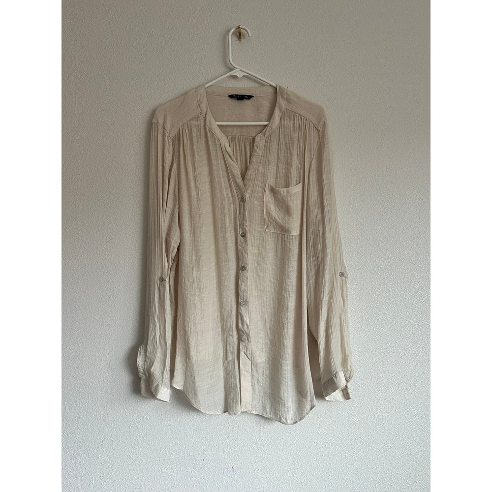 Zac & Rachel Womens XL Beige Crinkle Gauze Roll Tab Sleeve Button Down Blouse